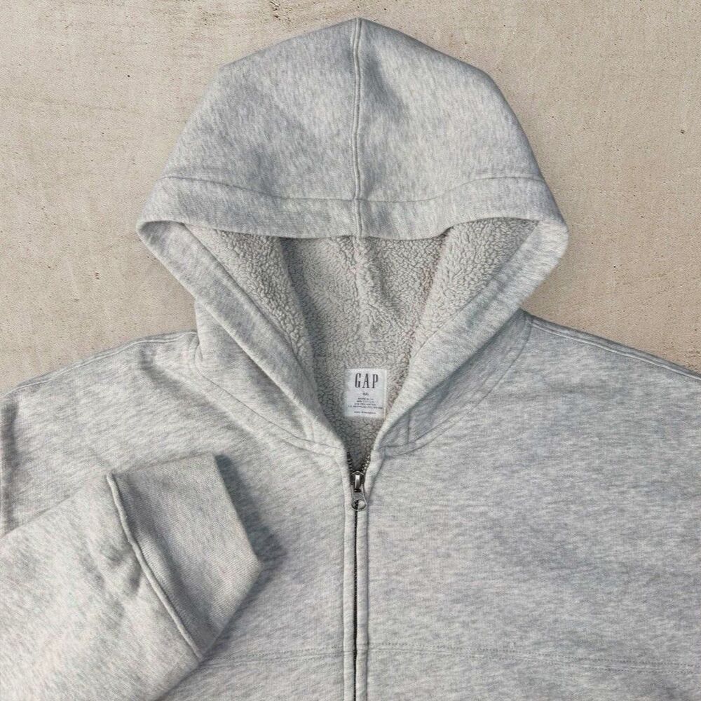 GAP Sherpa Lined Hoodie Mens XXL Full Zip Gray Fleece Blank Heavyweight Y2K